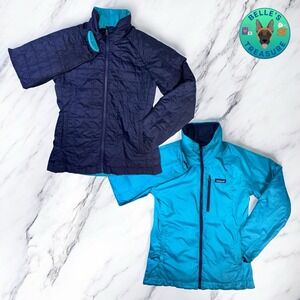 Patagonia Jacket Womens Small Reversible Blue Logo Snowbelle 3 Quilted Full‎ Zip